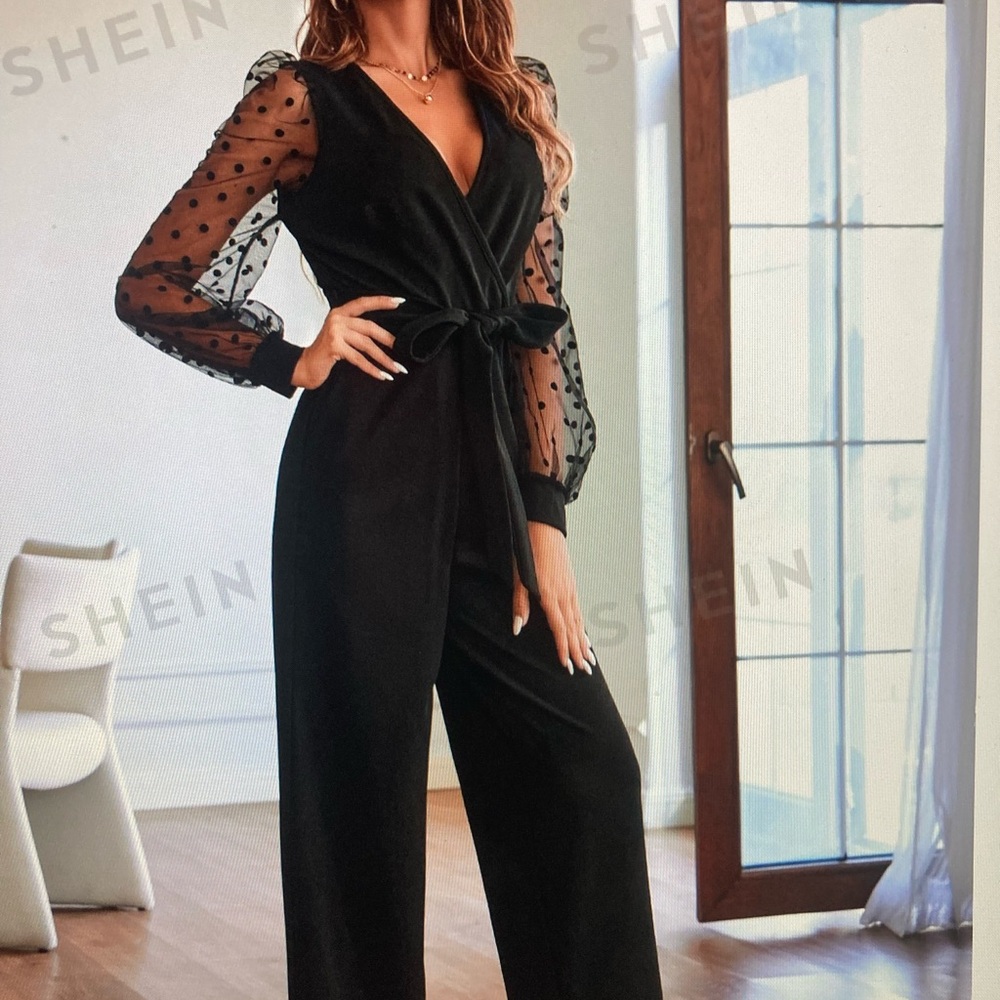 Holiday ready,Black jumpsuit with sheer polka dot sleeves,